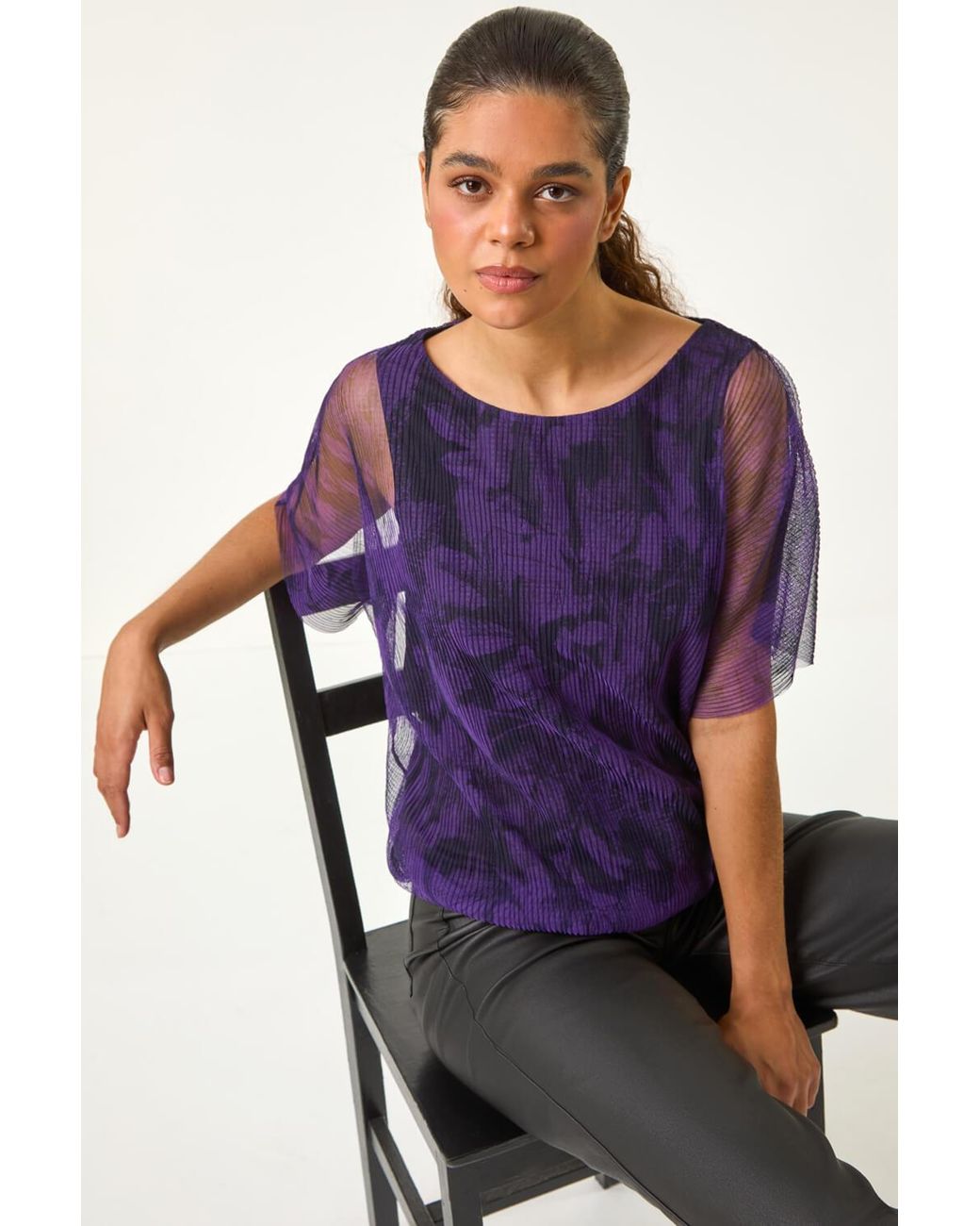 Roman Purple Floral Plisse Bubble Hem Top