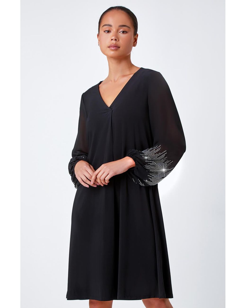 Roman Petite Black Sparkle Sleeve Stretch Dress