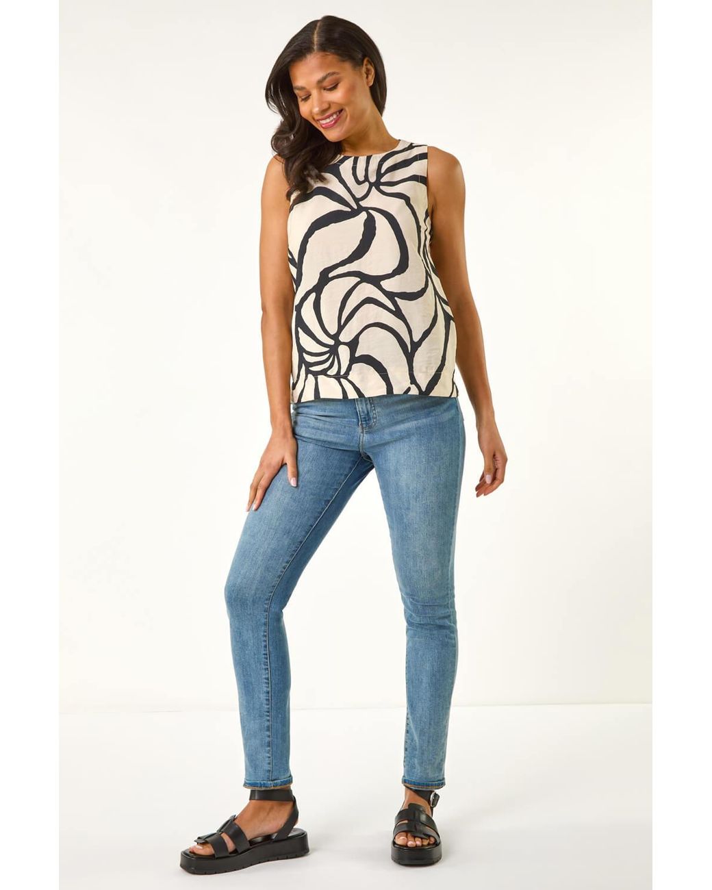 Roman Blue Mono Abstract Print Shell Top