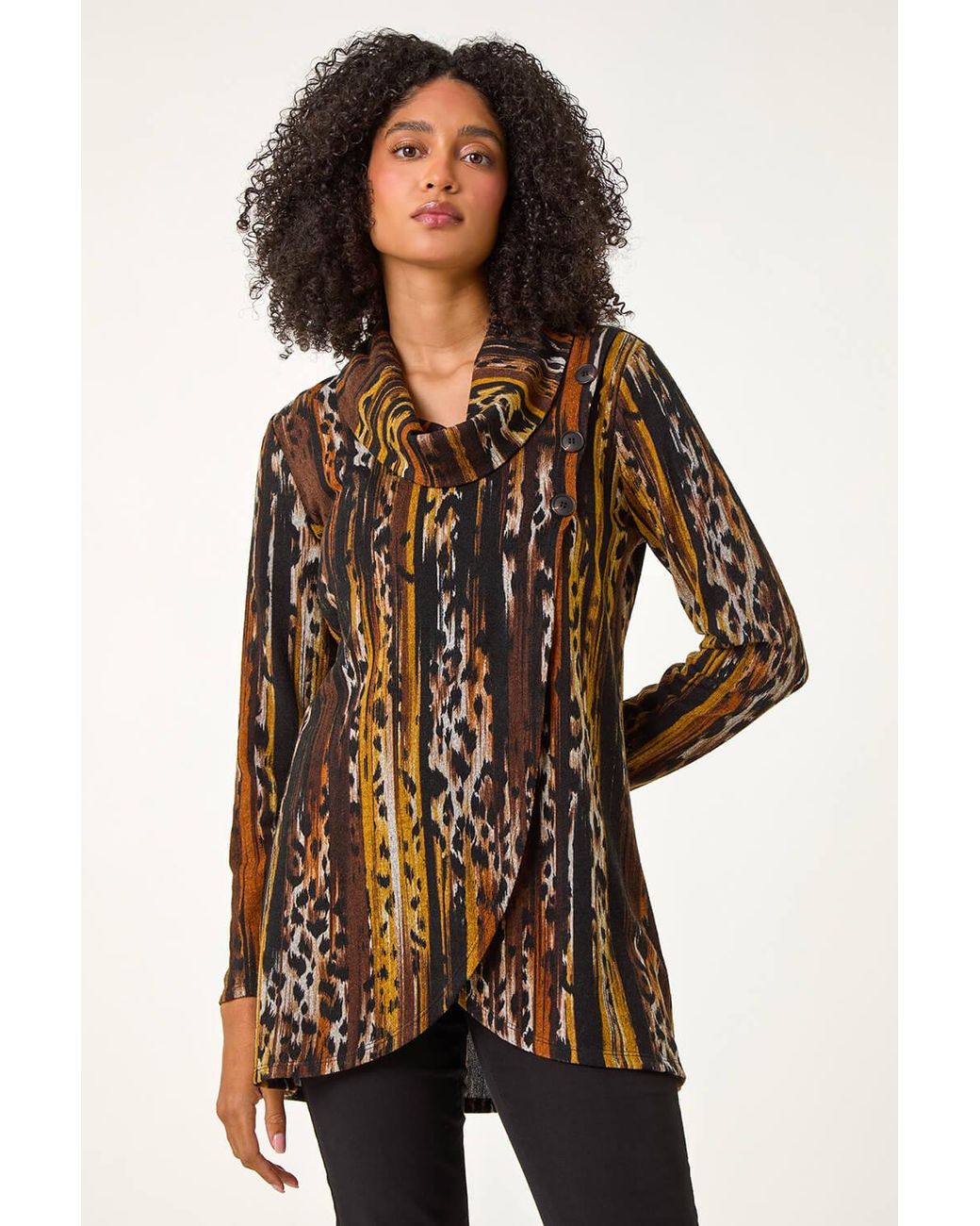 Roman Black Animal Print Cowl Neck Tunic Top