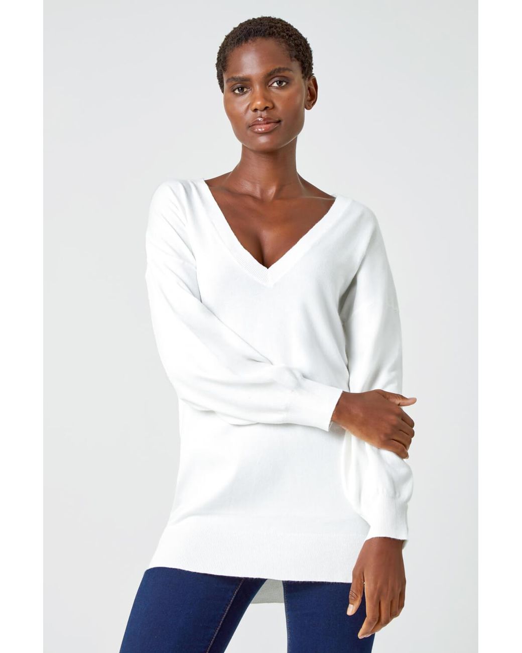 Roman White Plain Stretch V-Neck Jumper