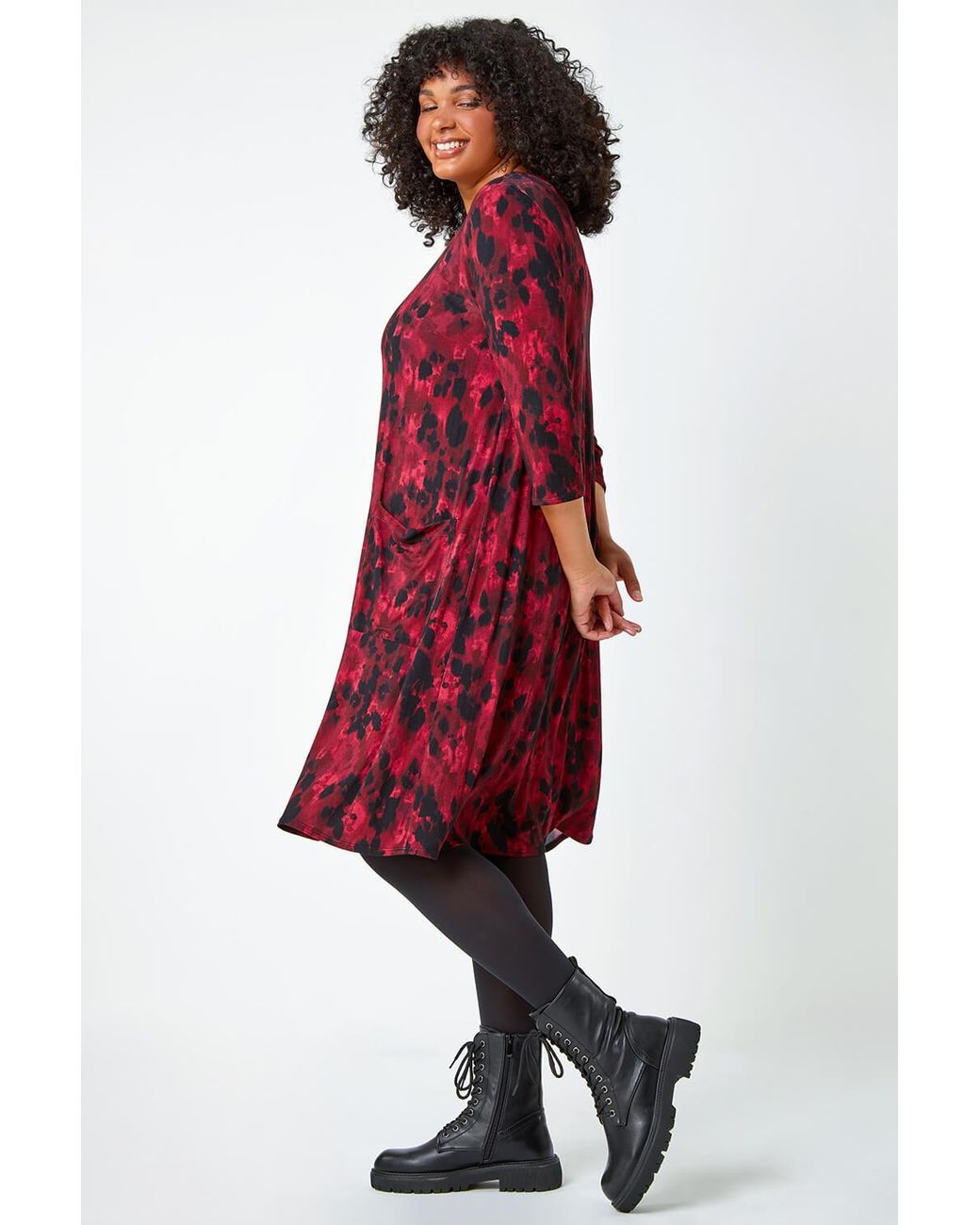 Roman Curve Red Animal Print Swing Stretch Dress