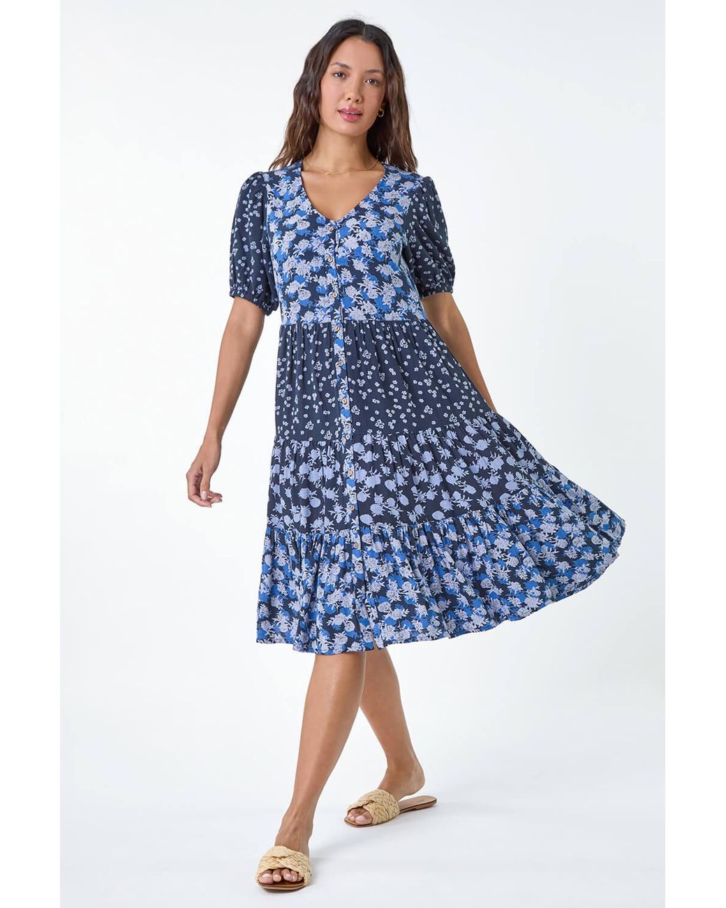 Roman Blue Floral Cotton Blend Tiered Smock Dress