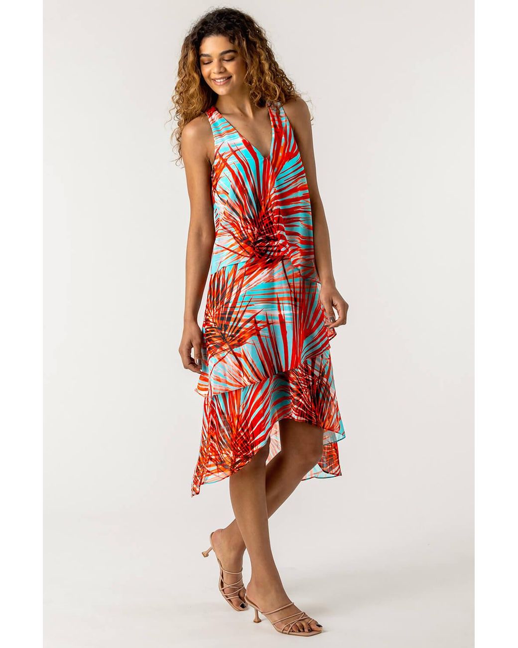 Roman Multicolor Layered Chiffon Tropical Print Dress