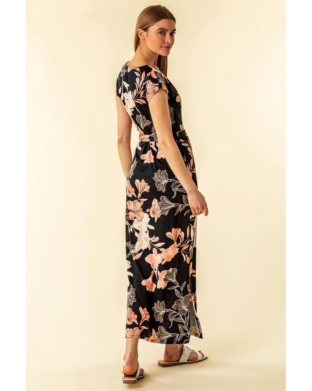 Roman Black Belted Floral Maxi Dress