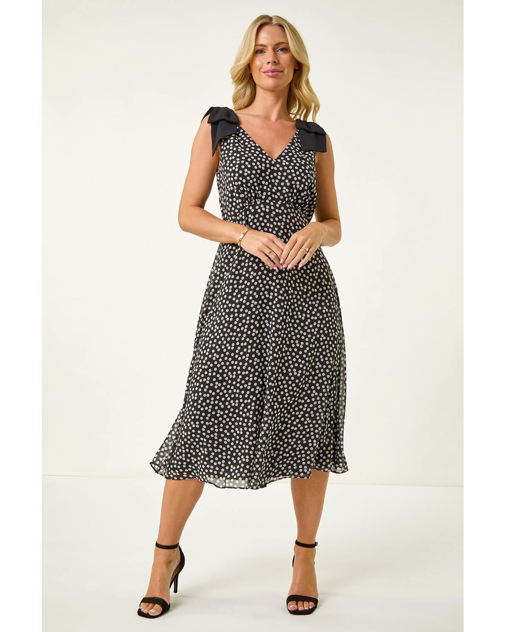 Roman Petite Black Spot Print Bow Midi Dress