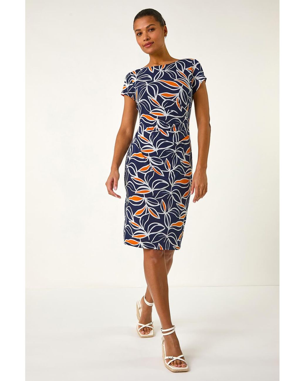 Roman Blue Leaf Print Puff Stretch Midi Dress