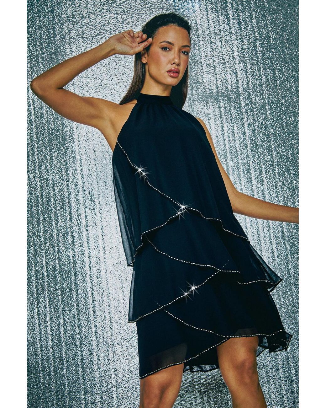 Roman Blue Sequin Trim Tiered Halterneck Dress