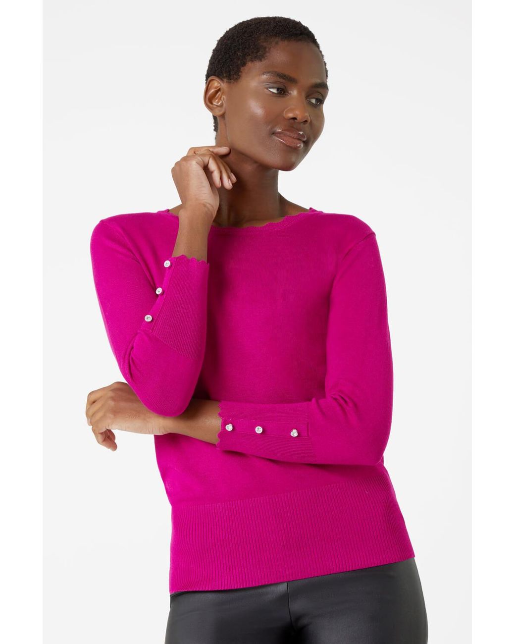 Roman Pink Diamante Button Scallop Edge Jumper