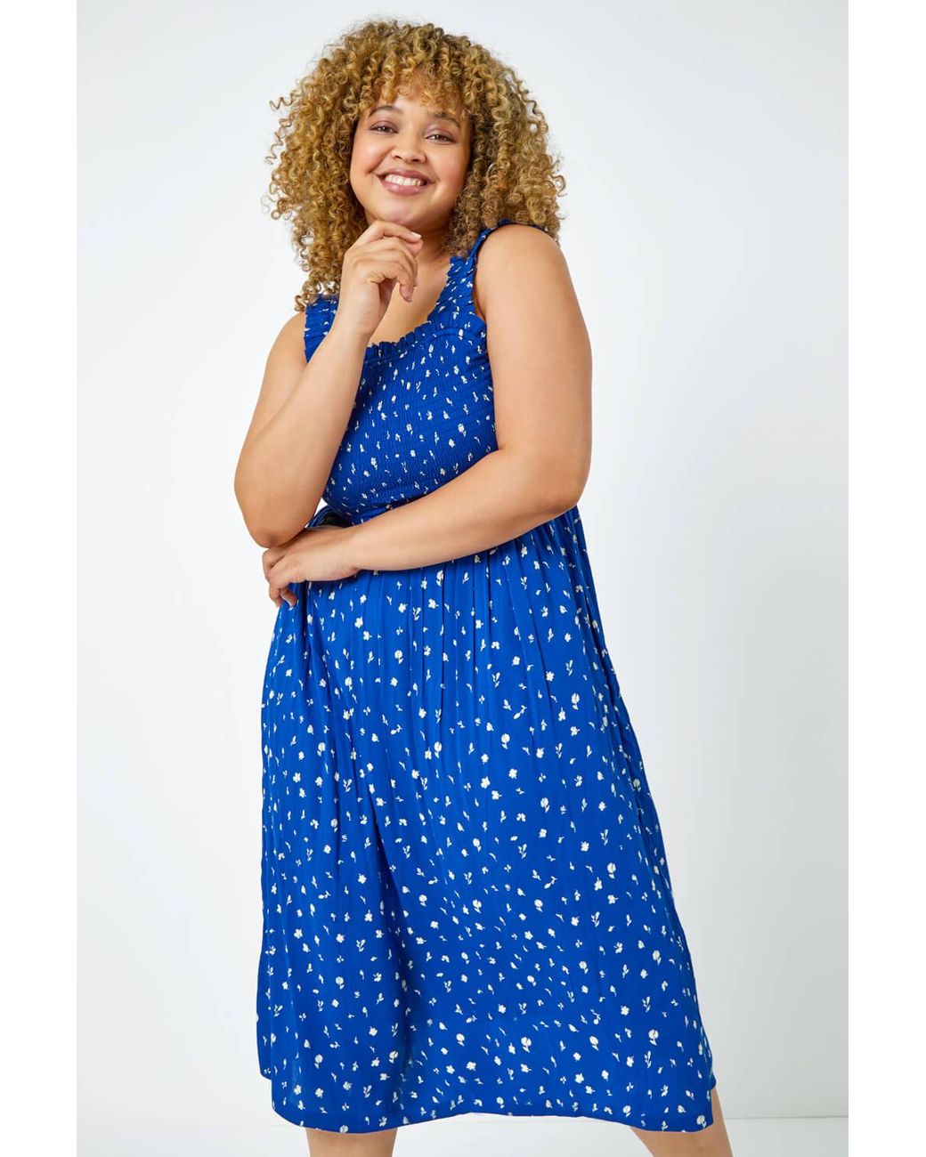 Roman Curve Blue Shirred Frill Detail Midi Dress