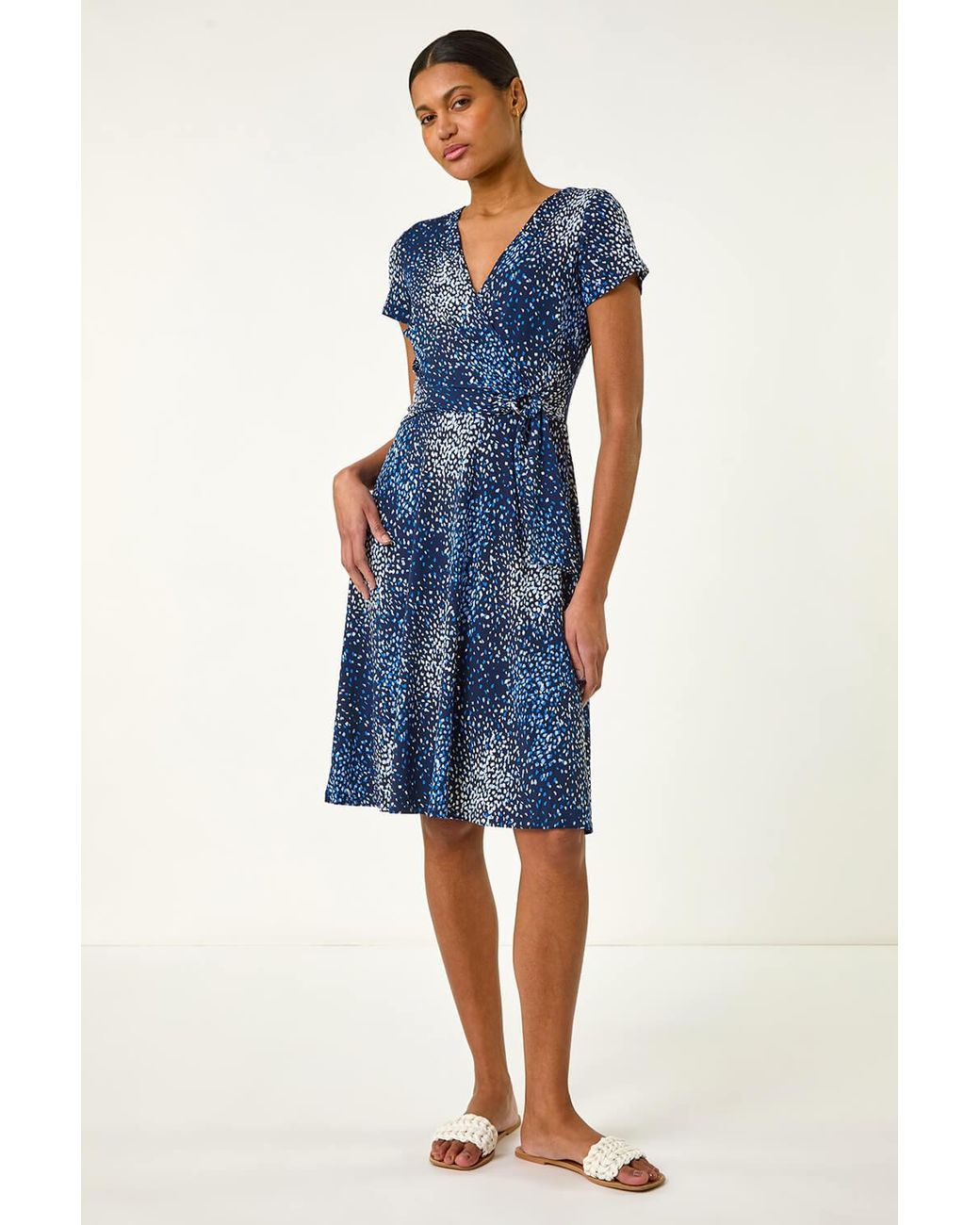 Roman Blue Abstract Wrap Detail Stretch Dress