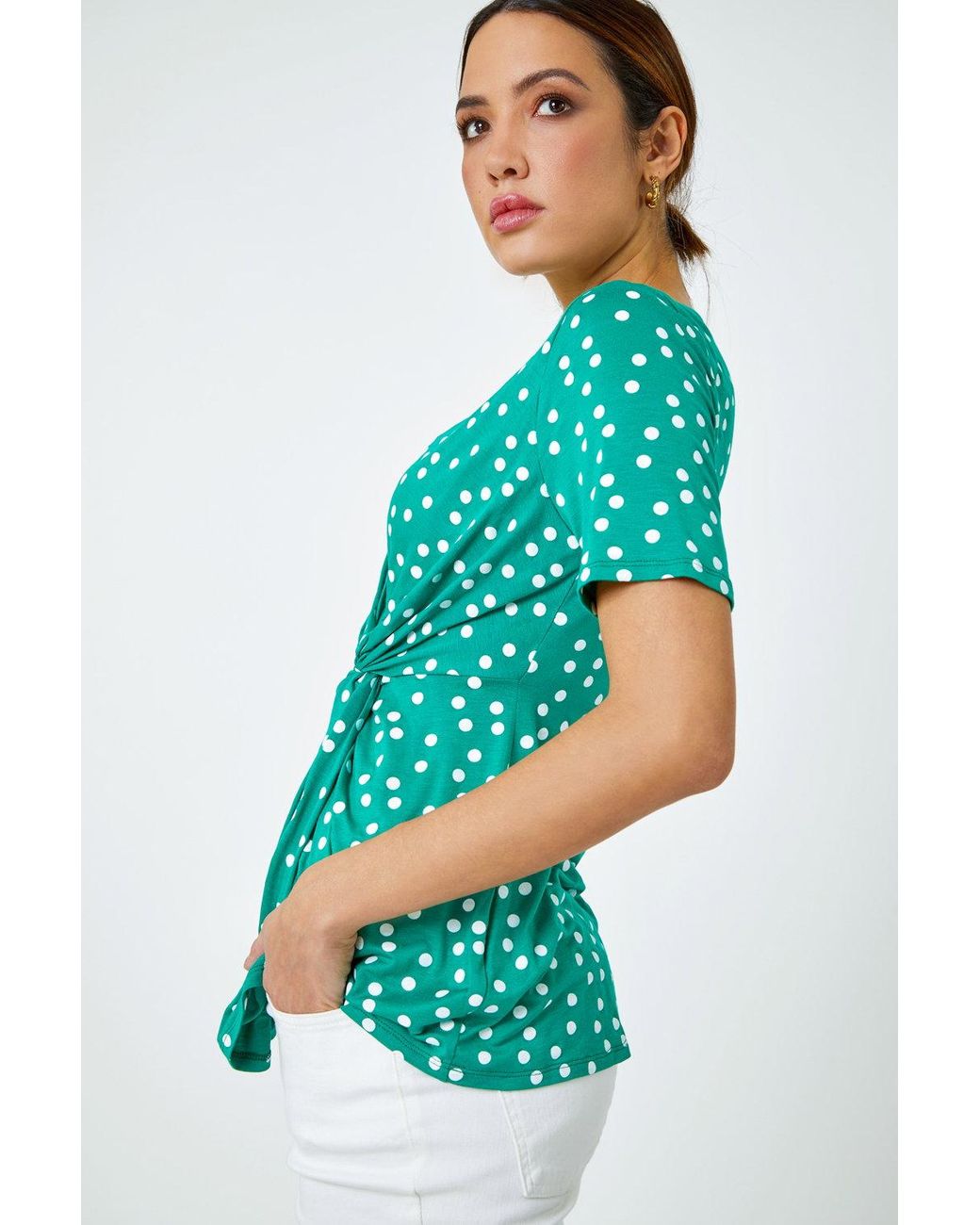 Roman Blue Spot Print Side Twist V-Neck Wrap Top
