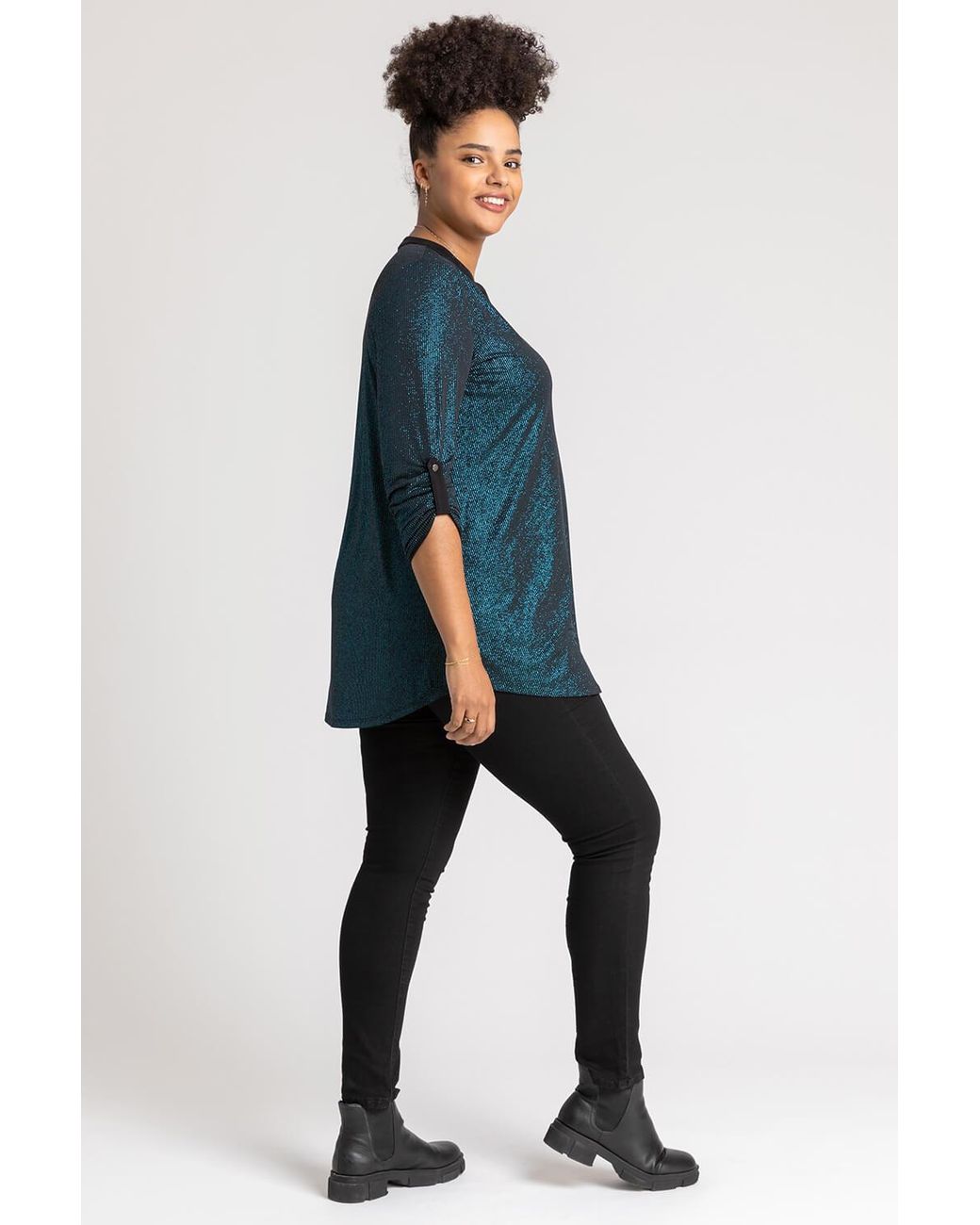 Roman Curve Blue Glitter Stripe Button Detail Top