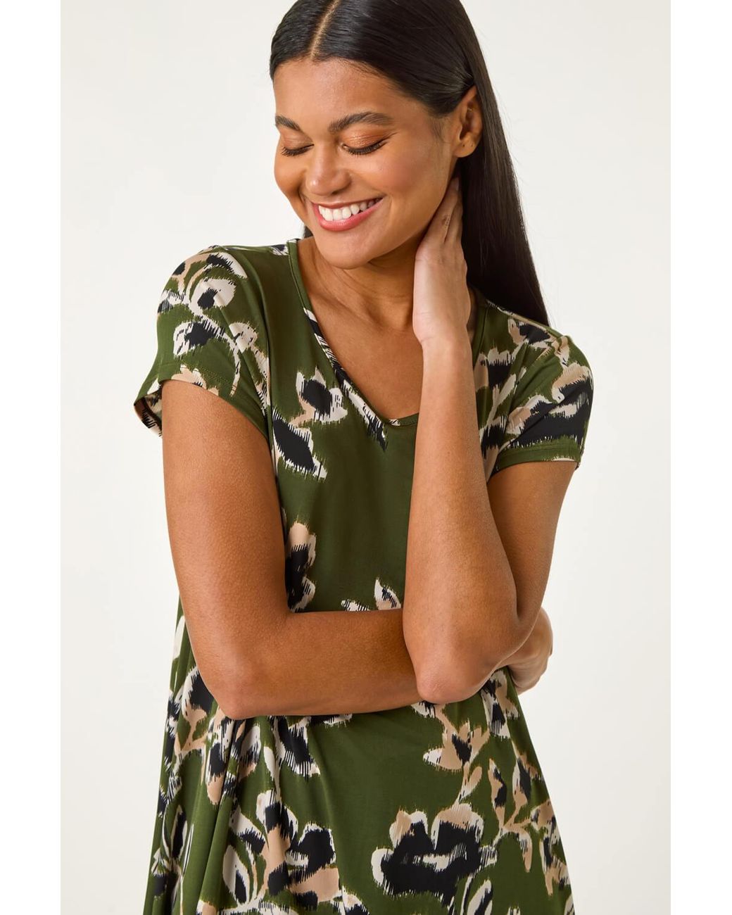 Roman Green Leaf Print Hanky Hem Tunic Top