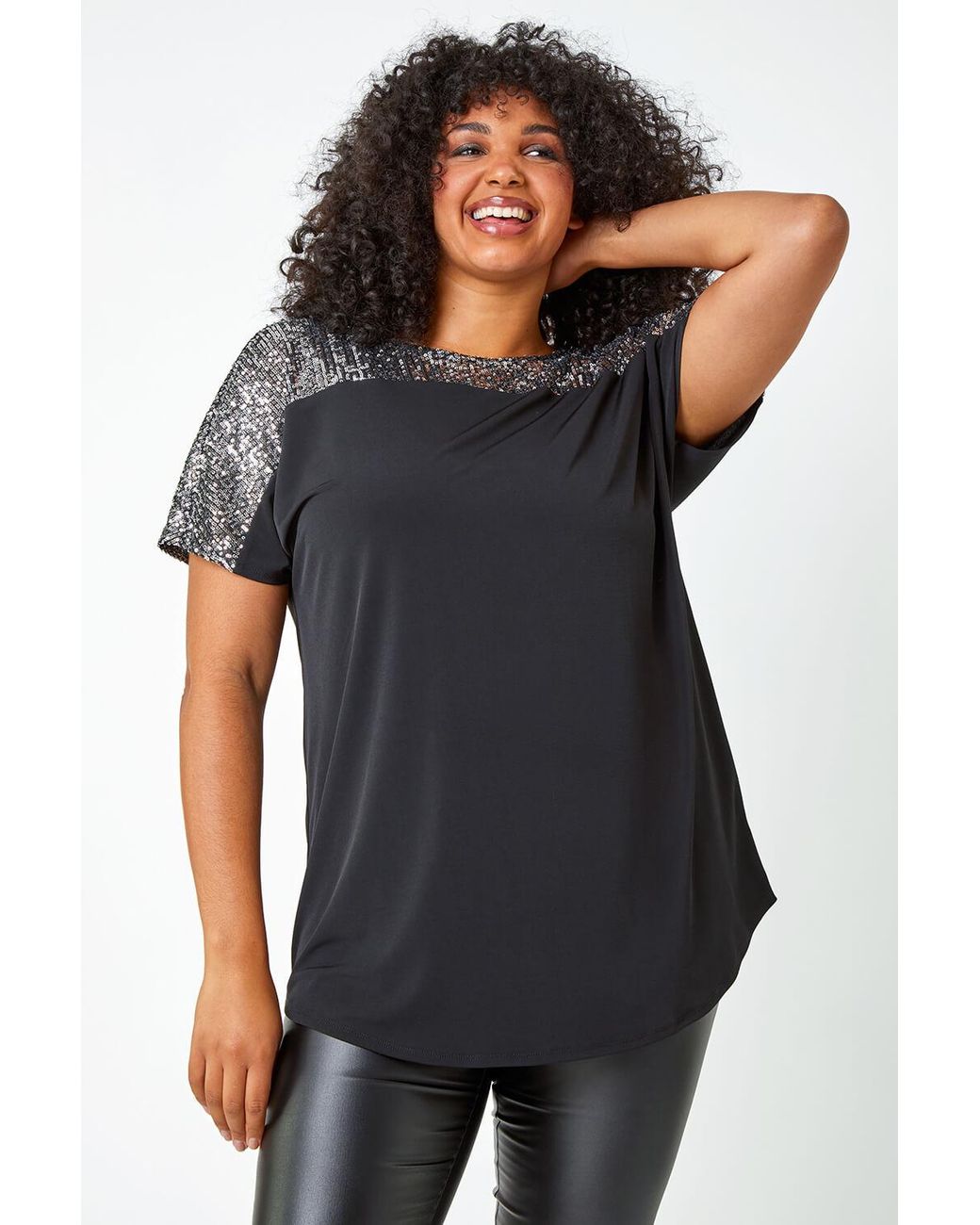 Roman Curve Black Sequin Embellished Stretch Top