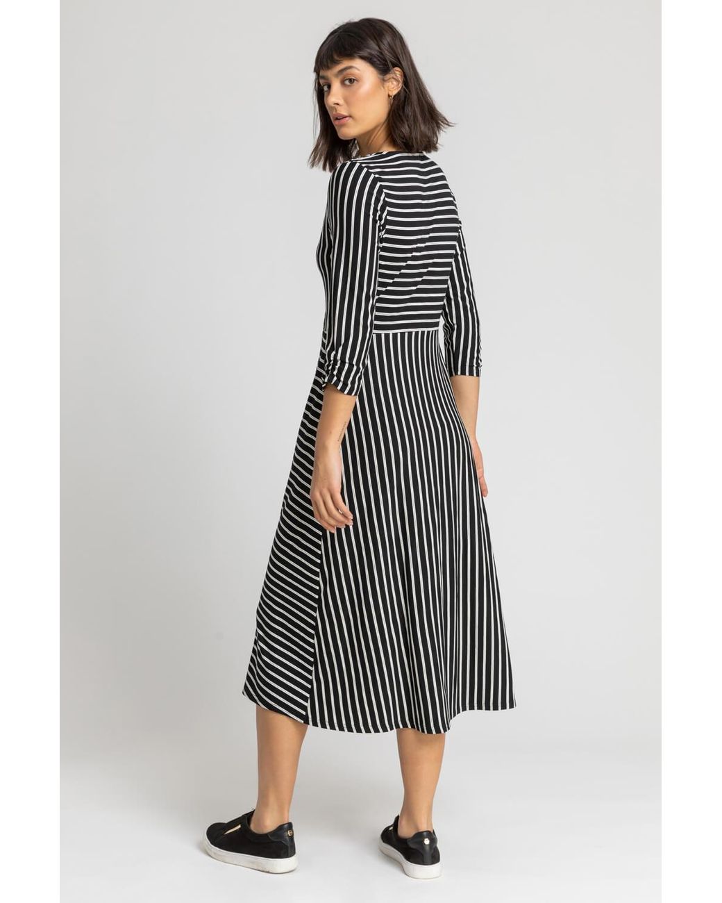 Roman Black Stripe Print Button Detail Midi Dress