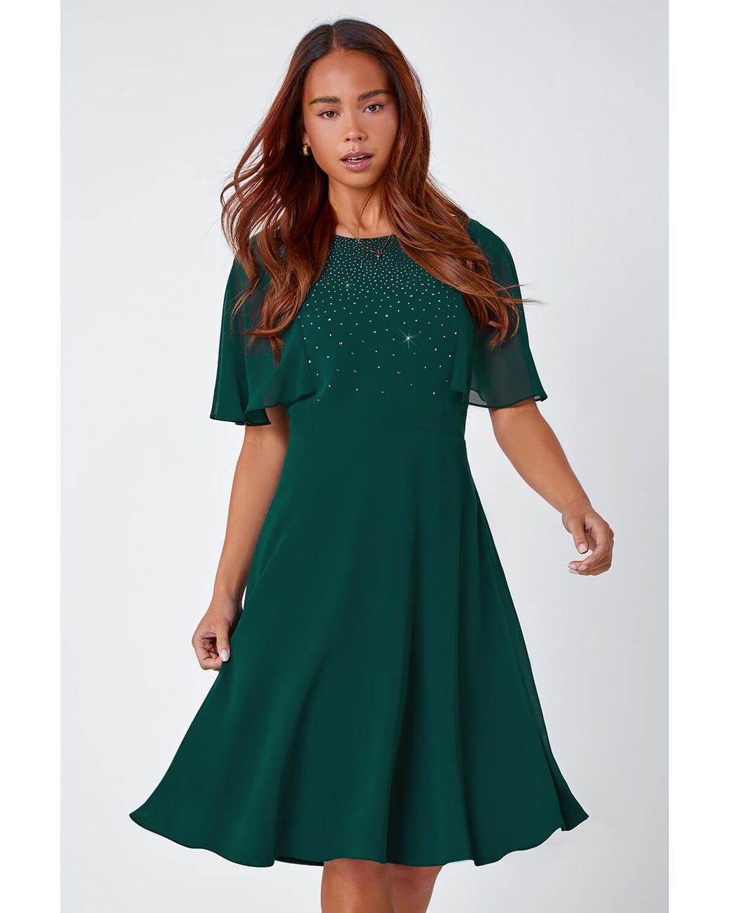 Roman Petite Green Embellished Skater Dress