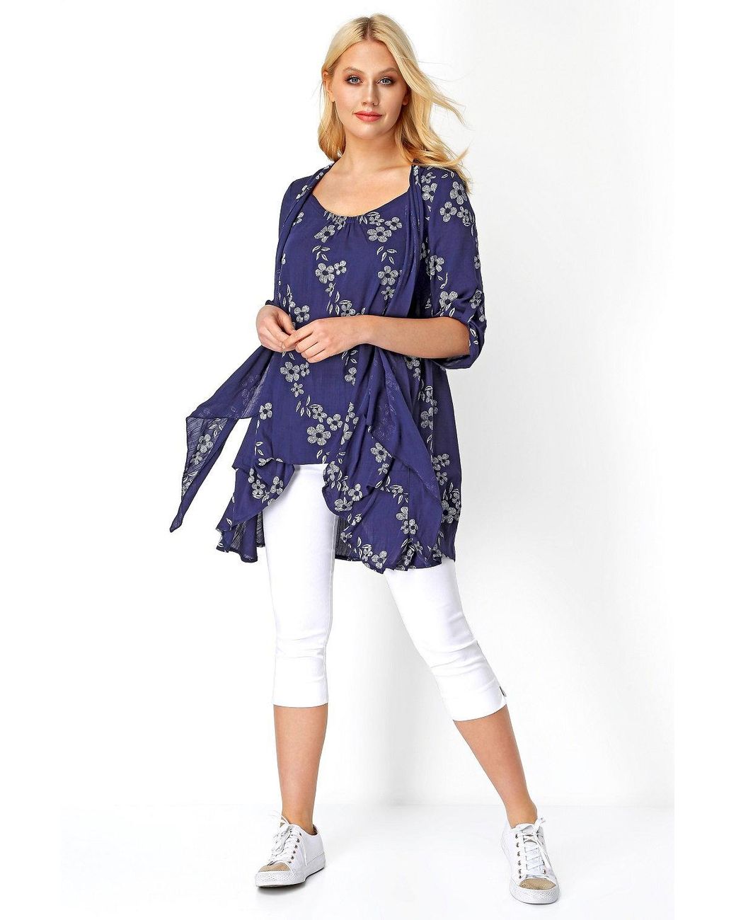 Roman Blue Floral Print Crinkle Tunic Top