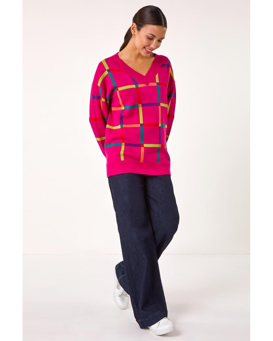 Roman Pink Grid Pattern V-Neck Knit Jumper