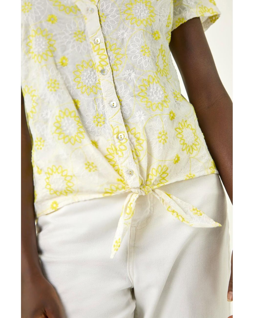 Roman Yellow Cotton Broidery Tie Front Blouse
