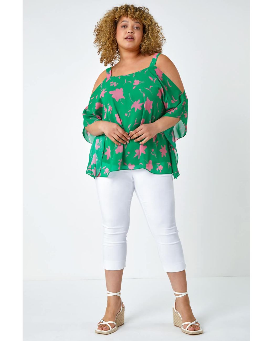 Roman Curve Green Floral Cold Shoulder Chiffon Top