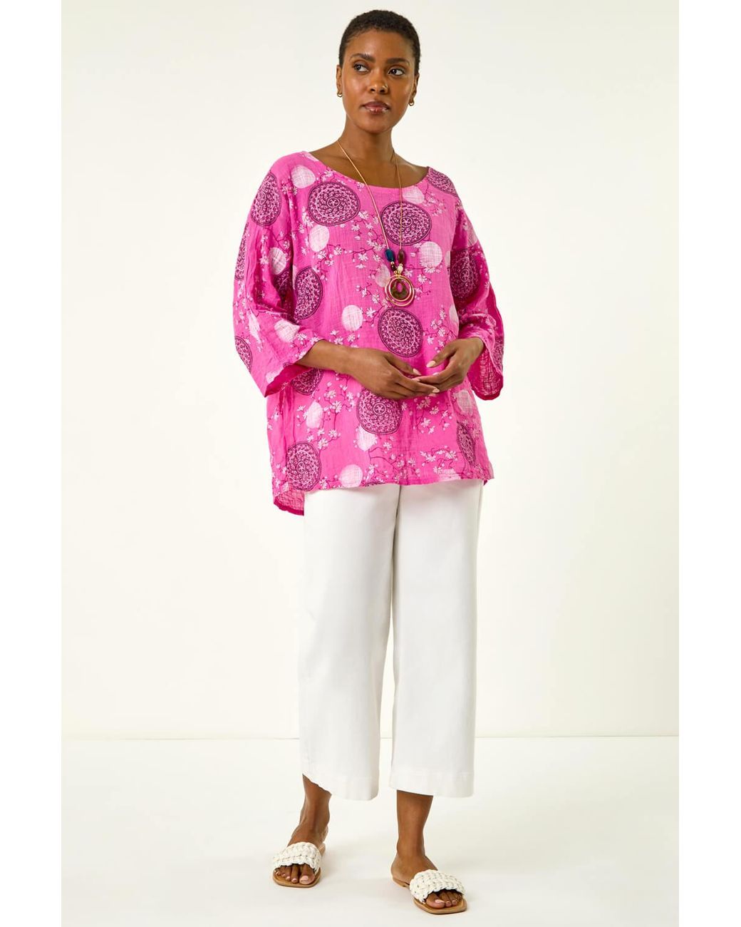 Roman Pink Floral Embroidered Cotton Top With Necklace