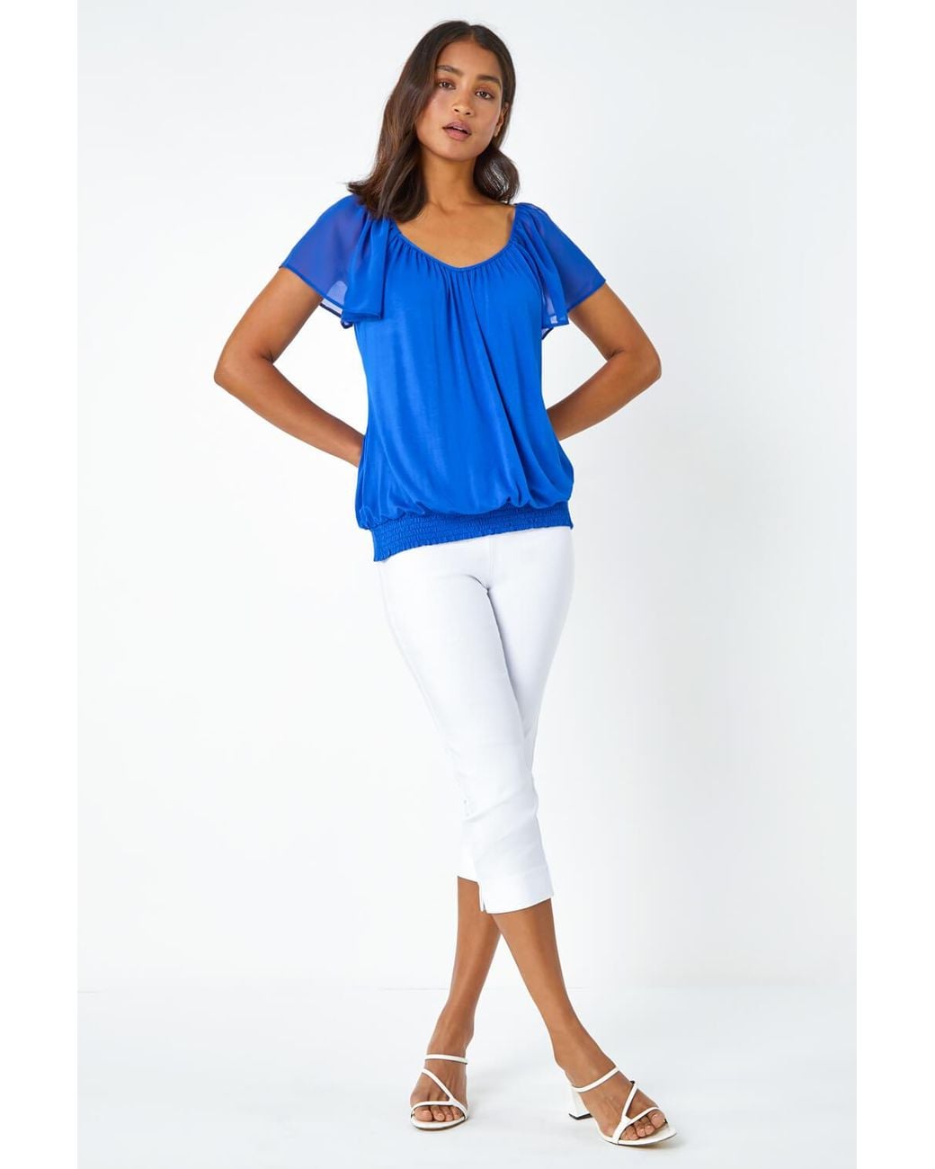 Roman Blue Chiffon Sleeve V-Neck Stretch Jersey Top