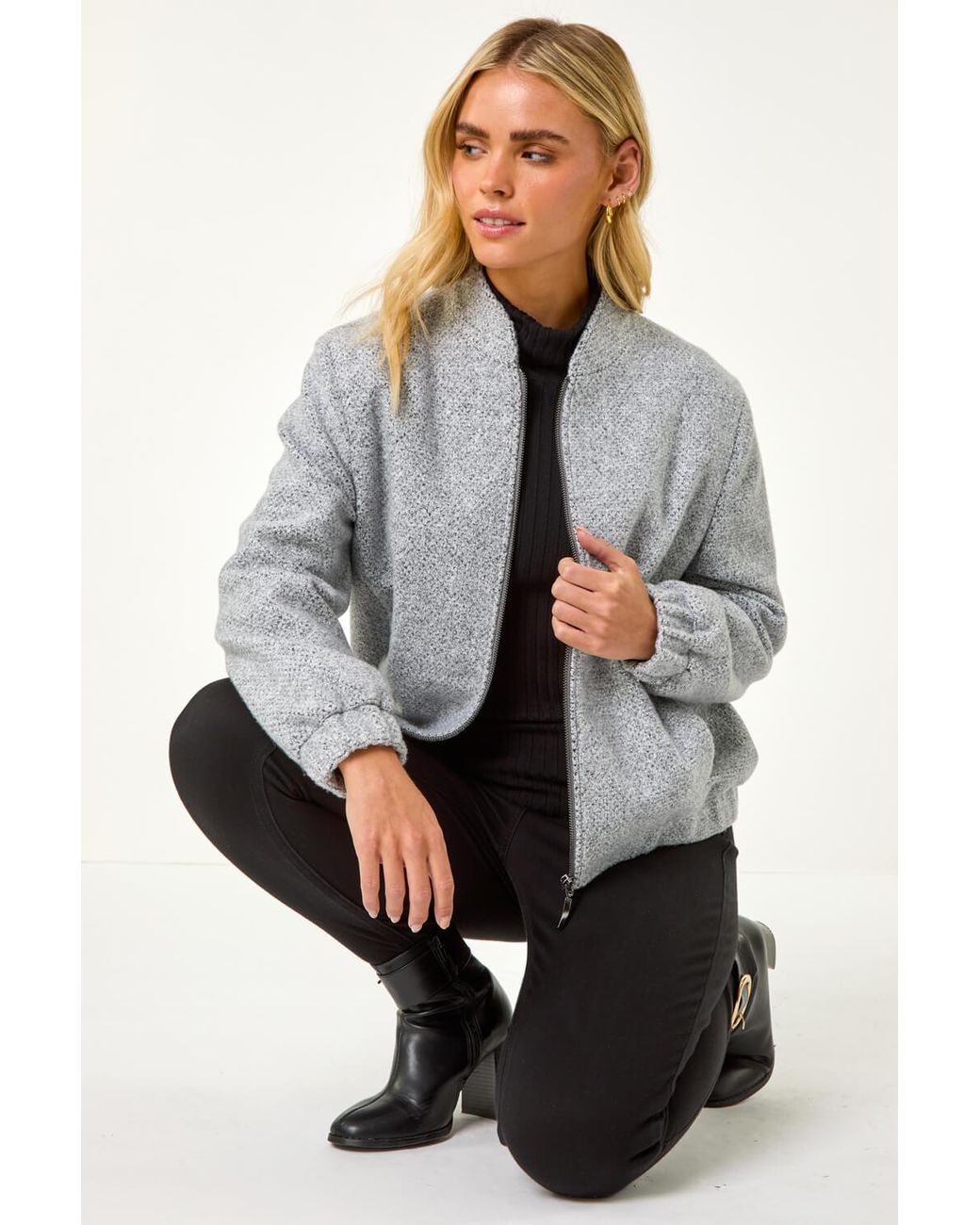 Roman Petite Gray Textured Bomber Style Jacket