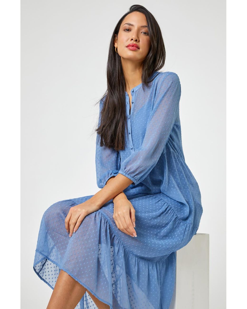 Roman Blue Textured Spot Print Tiered Midi Dress
