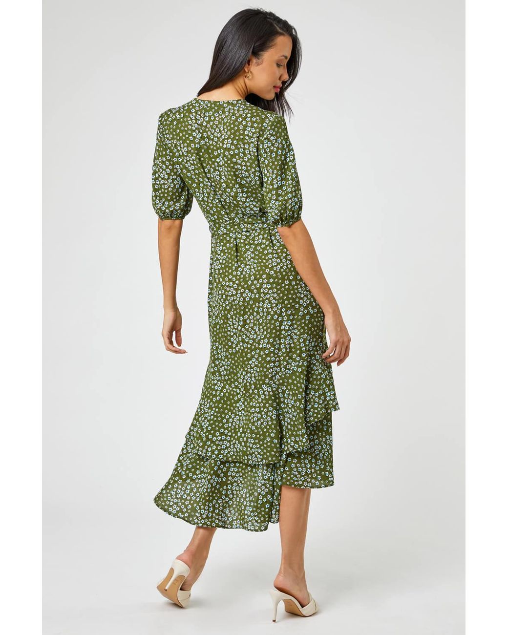 Roman Green Ditsy Floral Frill Hem Midi Dress