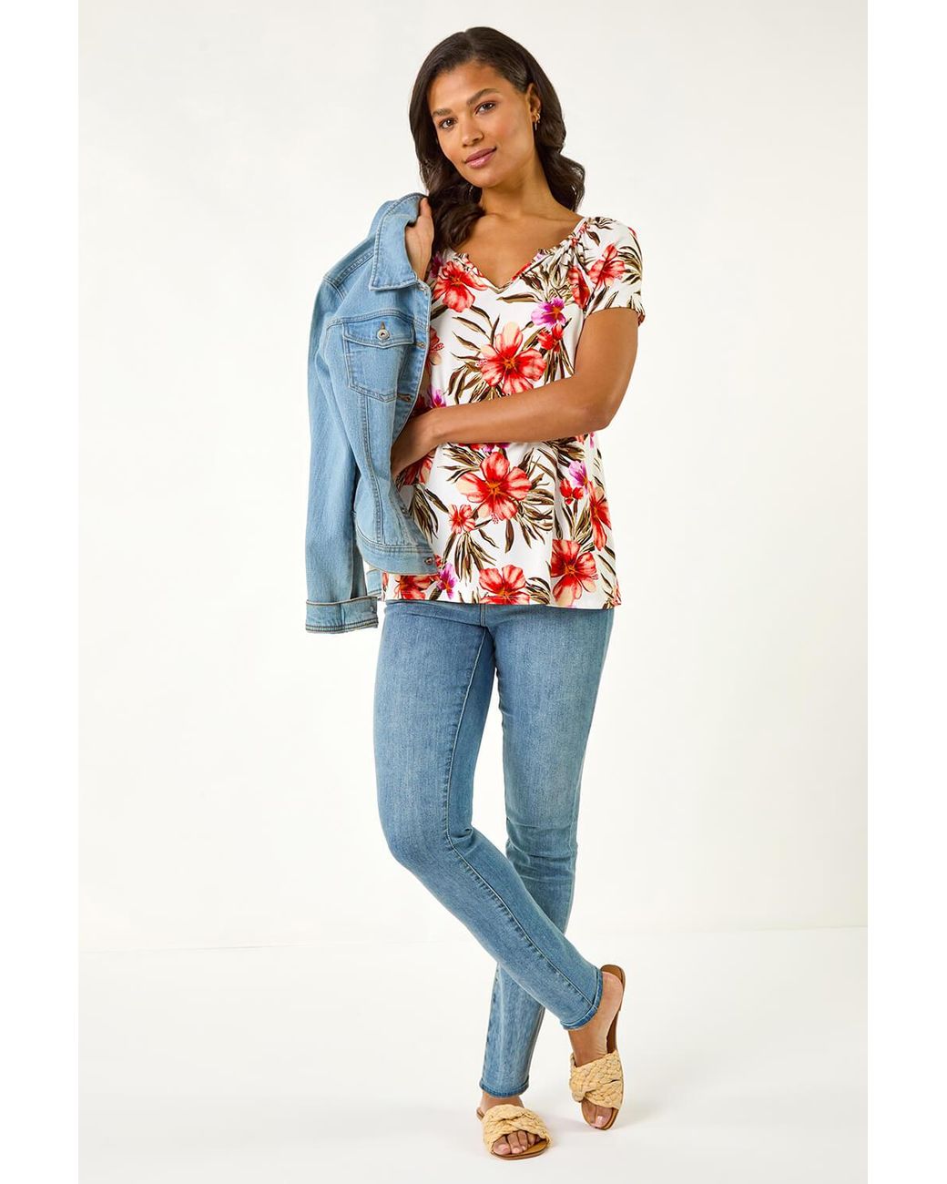Roman Red Floral Print Notch Neck Stretch Top