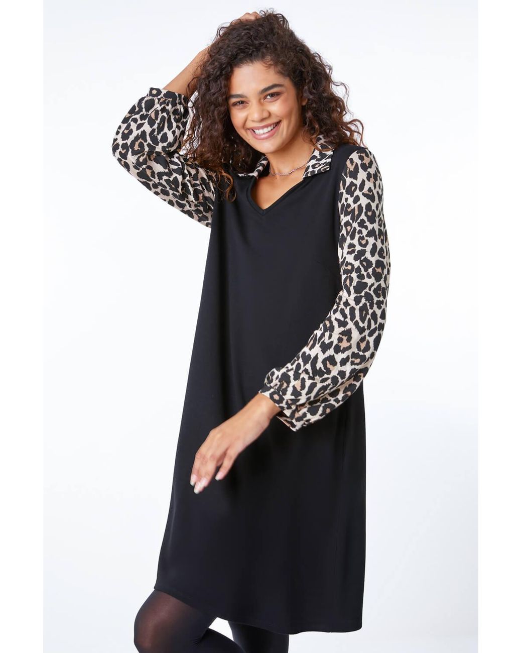 Roman Black Contrast Leopard Print Swing Dress