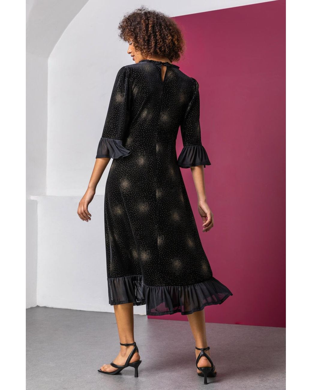 D.u.s.k Black Velvet Sparkle Frill Detail Dress