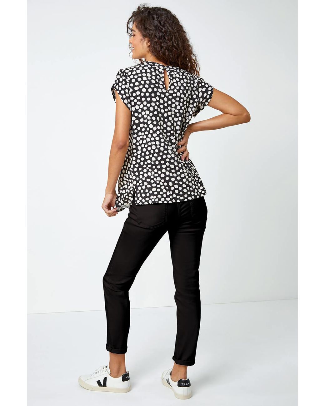 Roman Black Spot Print Pleat Detail Blouse