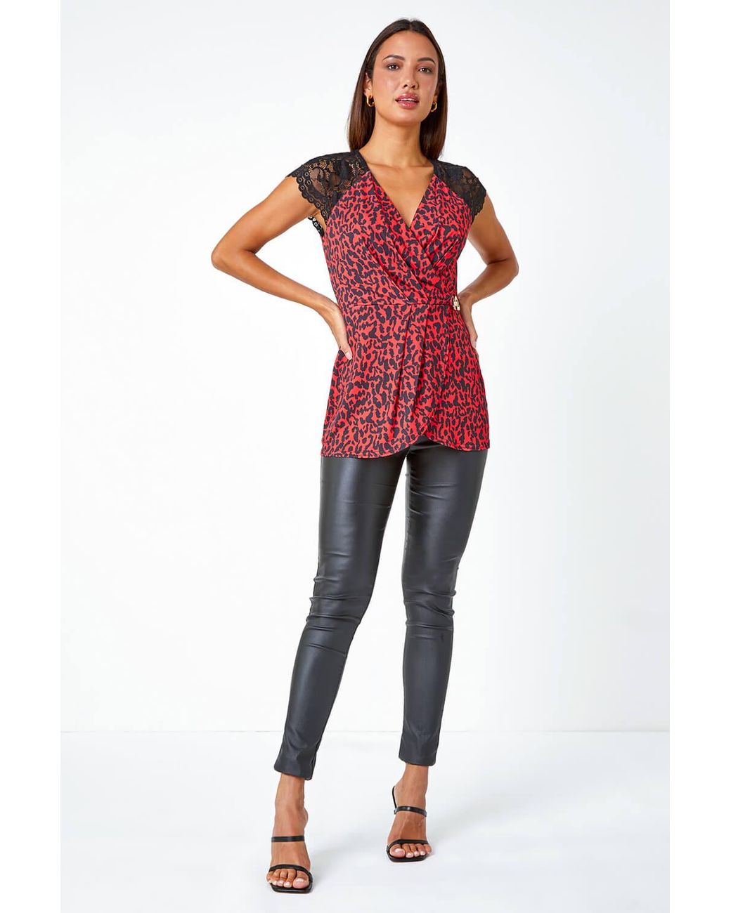 Roman Red Animal Lace Trim Stretch V-Neck Wrap Top