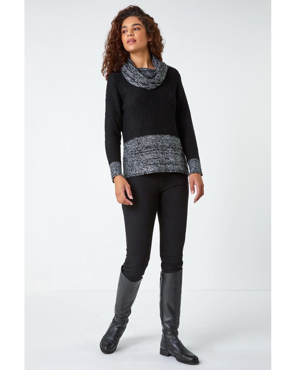 Roman Black Contrast Cowl Neck Longline Jumper