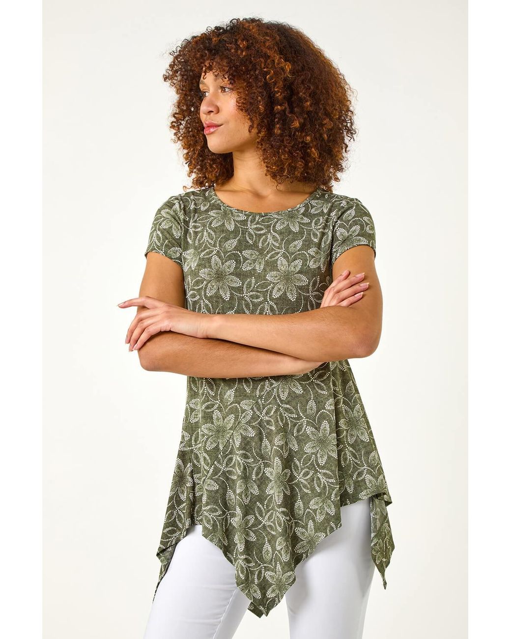 Roman Green Leaf Print Hanky Hem Stretch Top