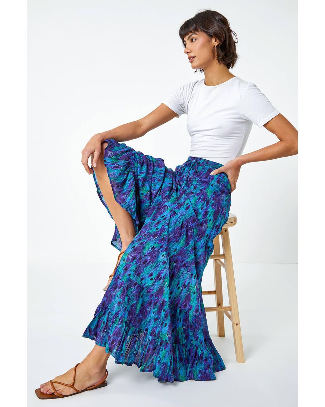 Roman Blue Feather Print Tiered Cotton Maxi Skirt