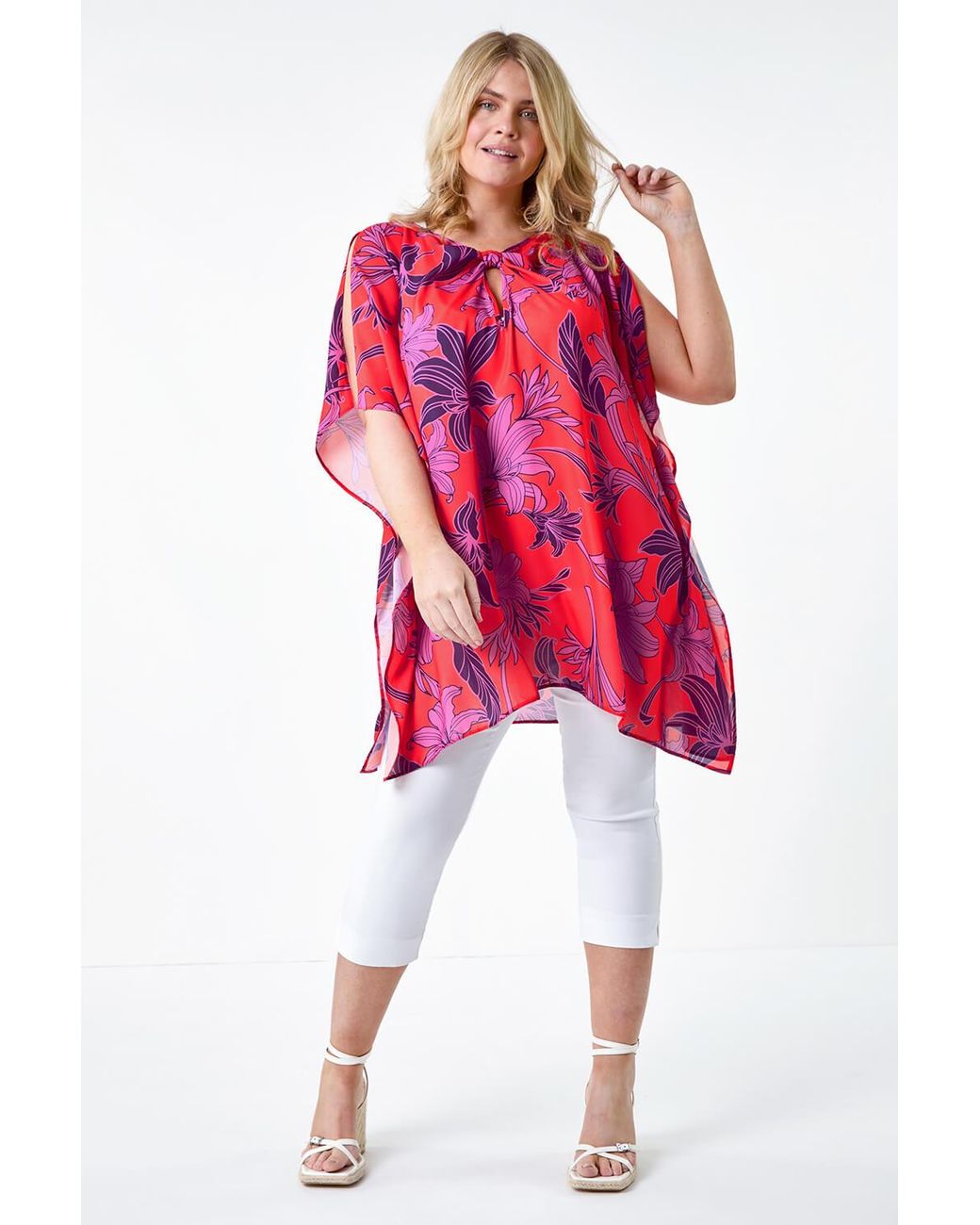 Roman Curve Red Floral Twist Detail Keyhole Top