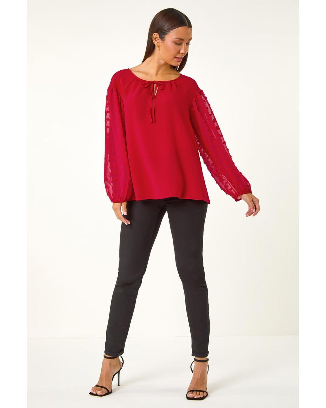 Roman Red Dobby Sleeve Tie Neck Blouse