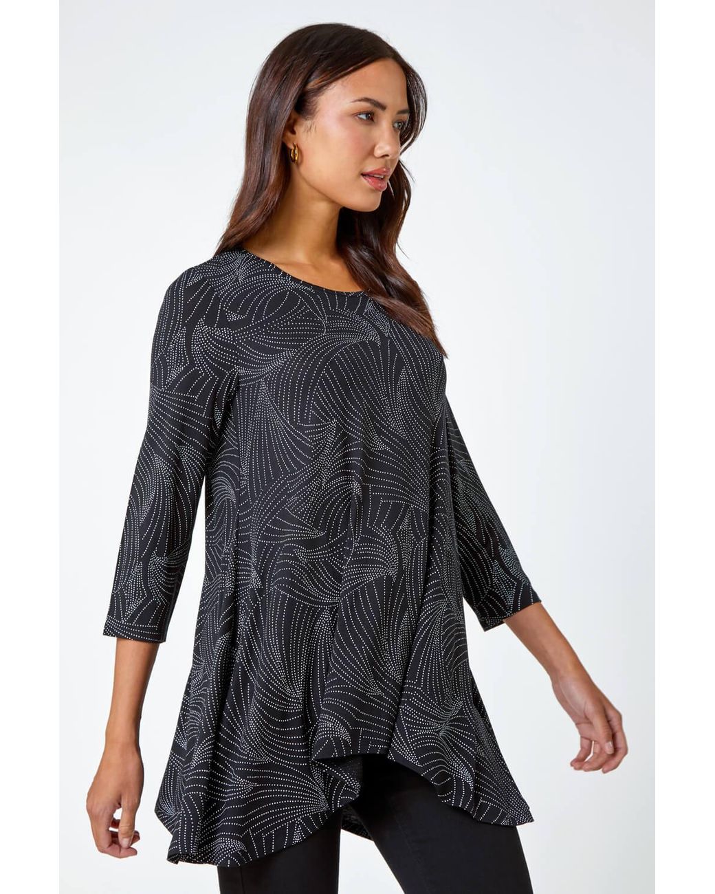 Roman Black Swirl Print Hanky Hem Stretch Top