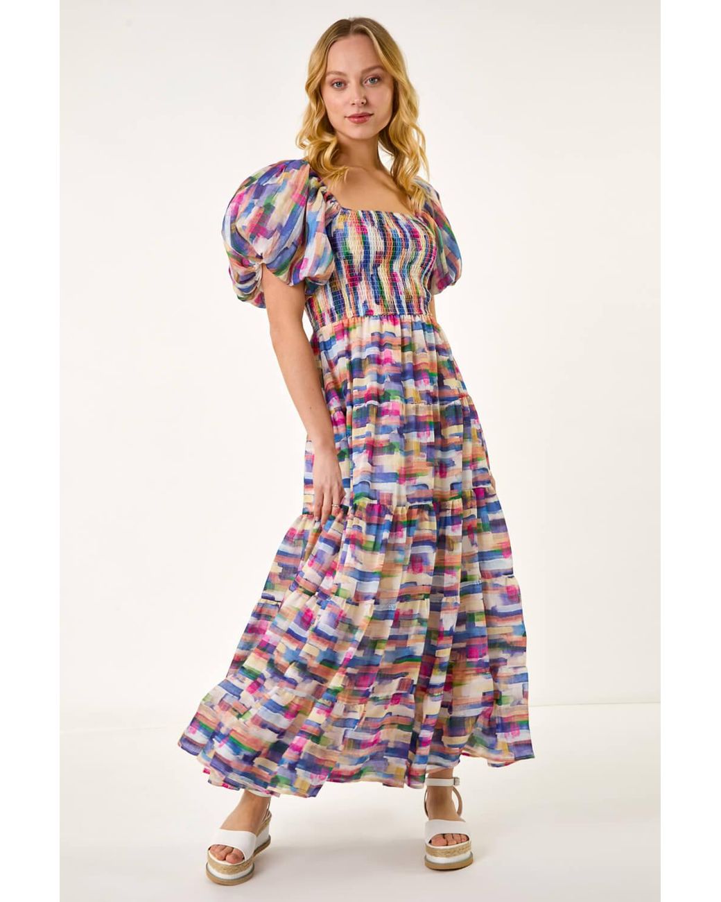 D.u.s.k Abstract Puff Sleeve Tiered Dress