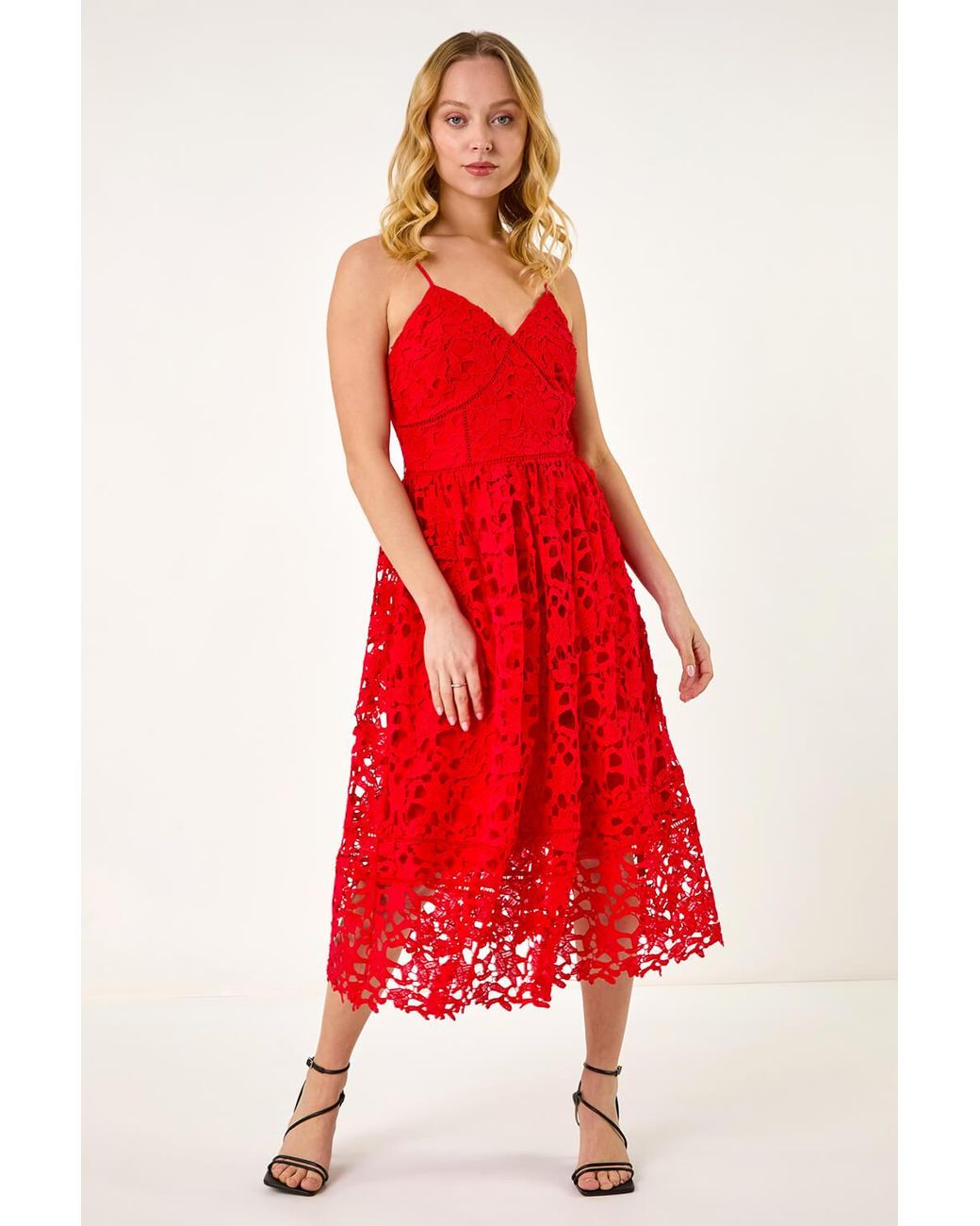 D.u.s.k Red Crochet V-Neck Cami Midi Dress