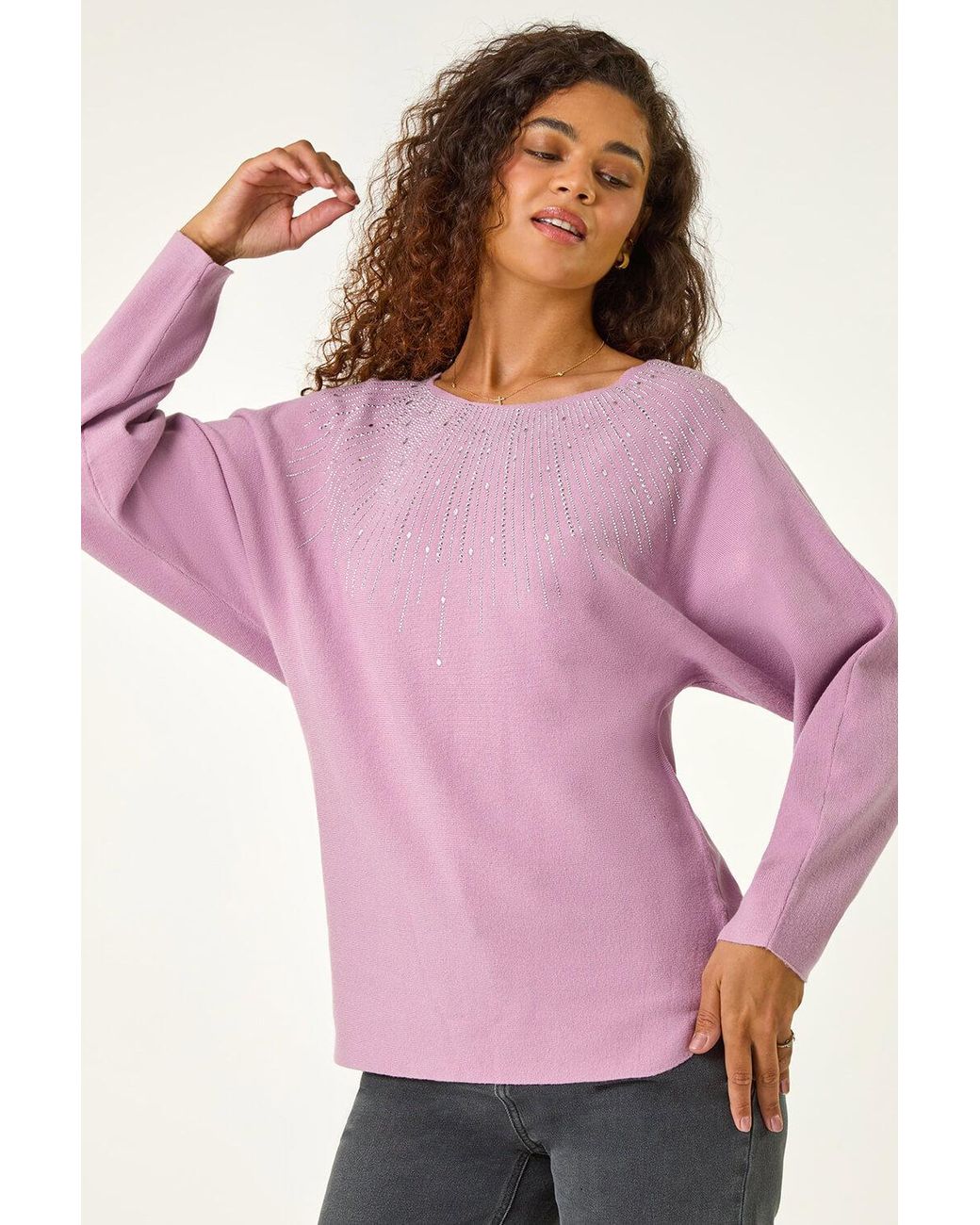 Roman Pink Embellished Neckline Batwing Jumper