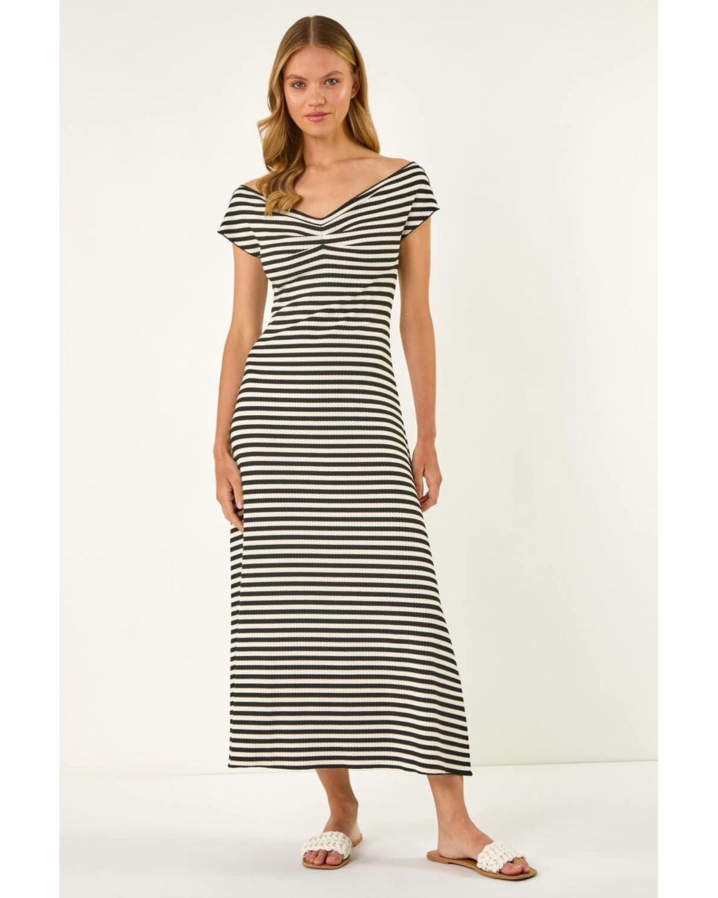 Roman Black Stripe Bardot Knit Midi Stretch Dress