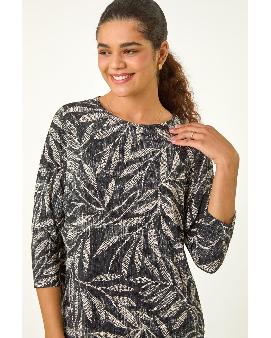 Roman Gray Leaf Print Plisse Stretch Top