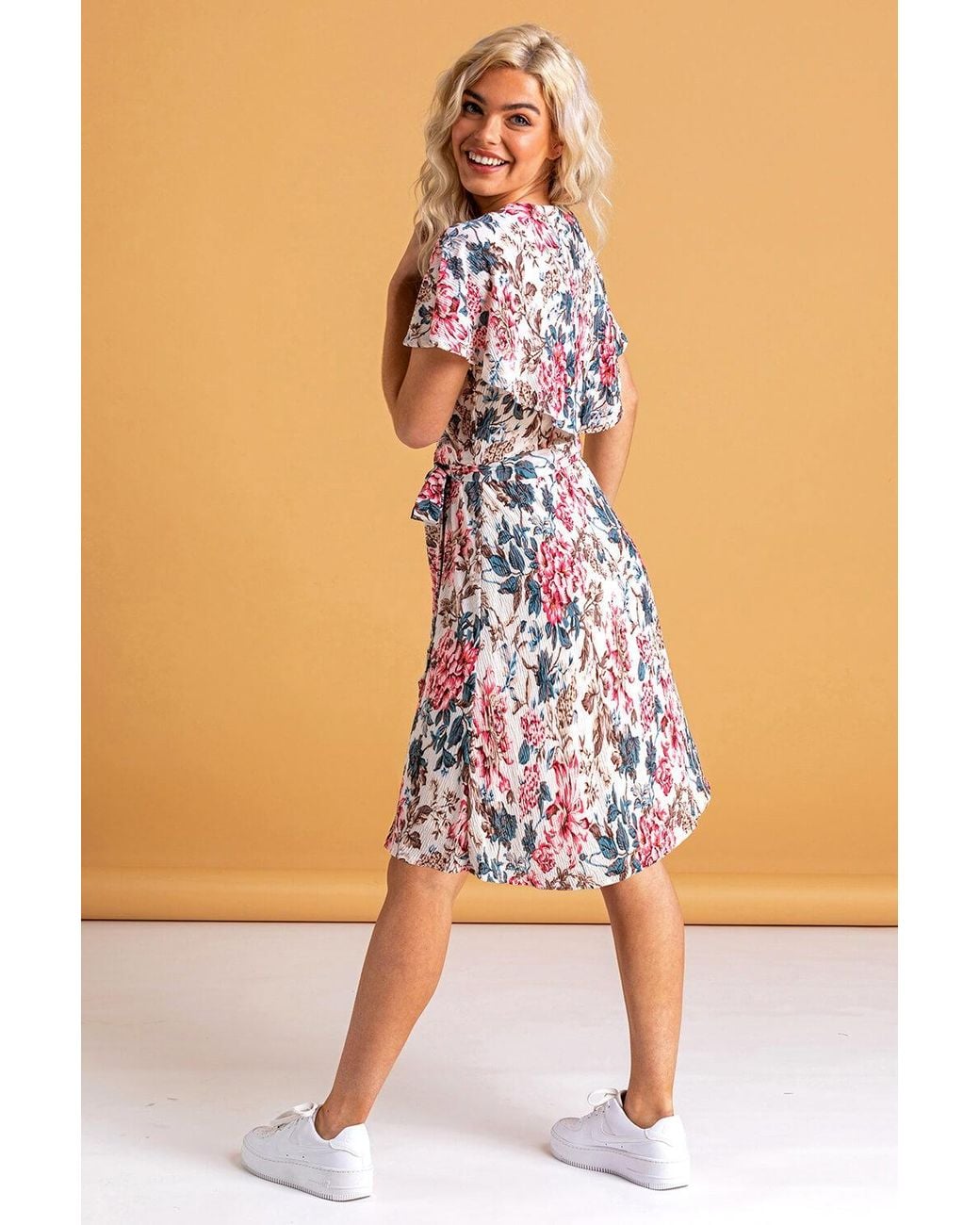 D.u.s.k White Floral Frill Sleeve Belted Wrap Dress