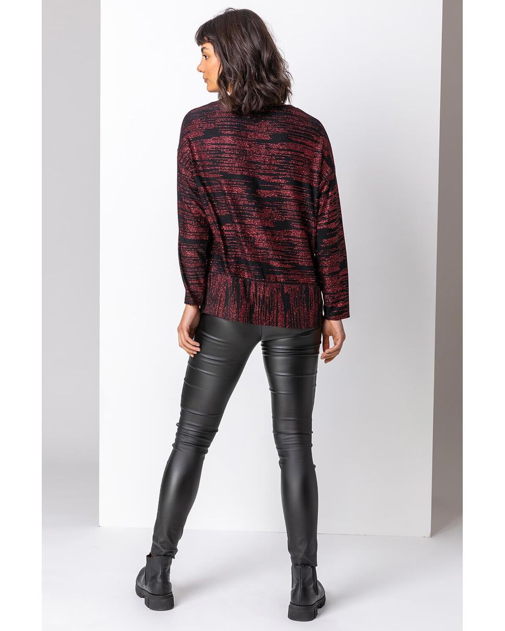 Roman Red Contrast Shimmer Stripe Print Top
