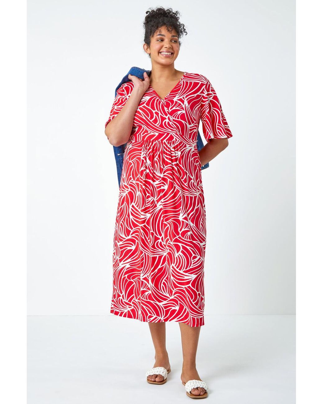 Roman Curve Red Linear Print Midi Wrap Dress