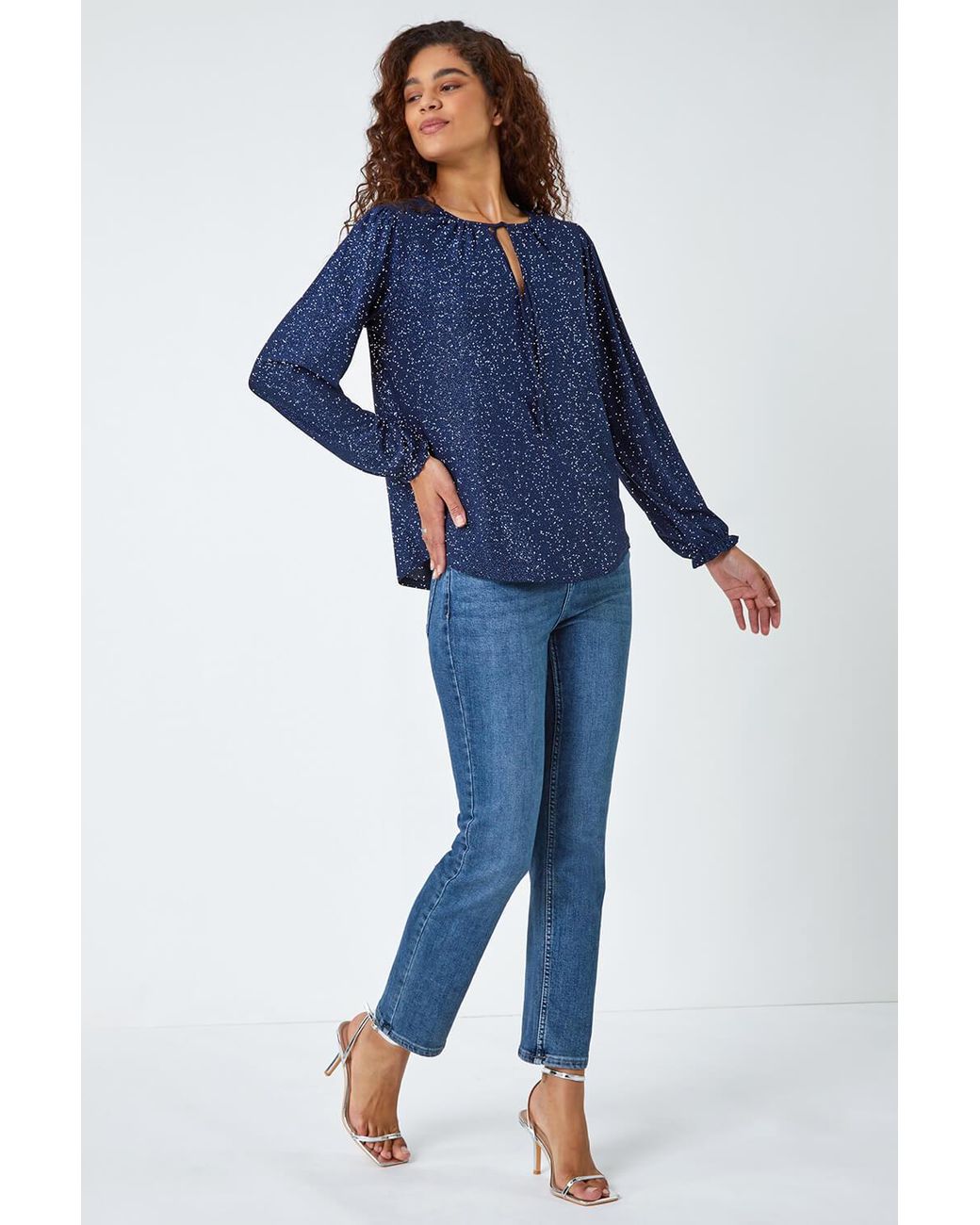 Roman Blue Tie Neck Glitter Stretch Top
